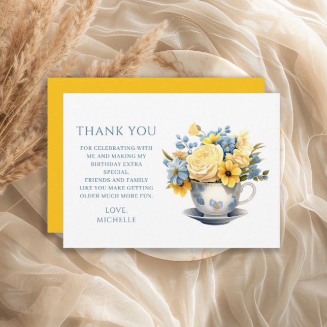 Cartão De Agradecimento Teacup Yellow Blue Flowday (Blue teacup and yellow flowers birthday party Thank You card)