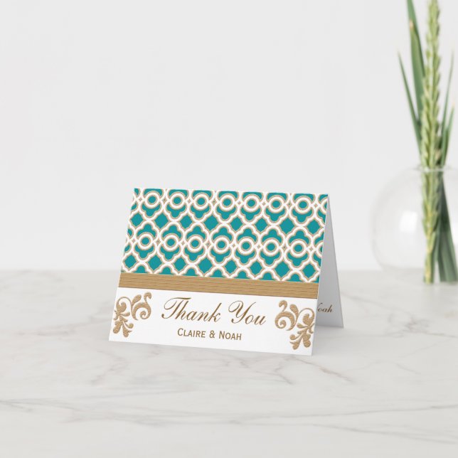 Cartão De Agradecimento Teal and Gold Moroccan Thank You Wedding Card (Frente)