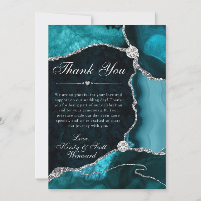 Cartão De Agradecimento Teal and Silver Faux Glitter Agate Wedding (Frente)