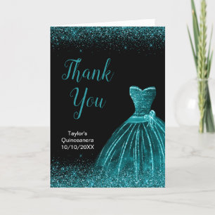 Cartão De Agradecimento Teal Blue Dress Faux Glitter Quinceanera