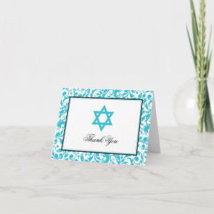 Cartão De Agradecimento Teal Blue Swirl Damask Star de David Obrigado