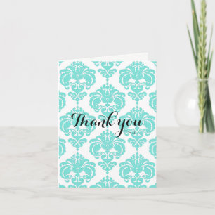 Cartão De Agradecimento Teal & Branco Damask Chic Moderno Elegante Obrigad