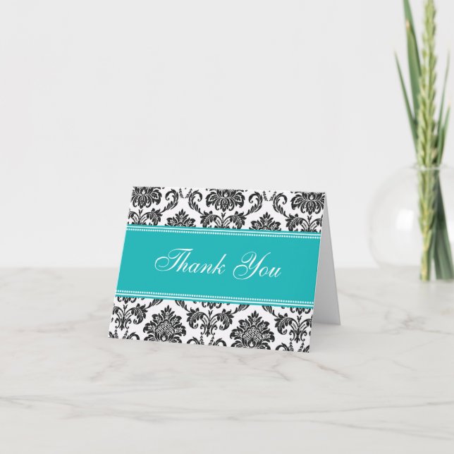 Cartão De Agradecimento Teal Damask Thank You Cards (Frente)