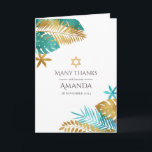 Cartão De Agradecimento Teal e Dourada Bat Tropical Mitzvah<br><div class="desc">Expresse sua gratidão com este elegante obrigado, perfeito para uma comemoração Bat Mitzvah ou judia. Apresentando um design tropical com folhas de palma de chá e ouro e uma Estrela de David, esta carta combina lindamente o estilo moderno com o simbolismo tradicional. Totalmente personalizável, é uma maneira séria de obrigado...</div>