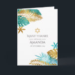 Cartão De Agradecimento Teal e Dourada Bat Tropical Mitzvah<br><div class="desc">Expresse sua gratidão com este elegante obrigado, perfeito para uma comemoração Bat Mitzvah ou judia. Apresentando um design tropical com folhas de palma de chá e ouro e uma Estrela de David, esta carta combina lindamente o estilo moderno com o simbolismo tradicional. Totalmente personalizável, é uma maneira séria de obrigado...</div>