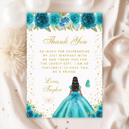 Cartão De Agradecimento Teal Floral Dark Skin Princess Festa de aniversári
