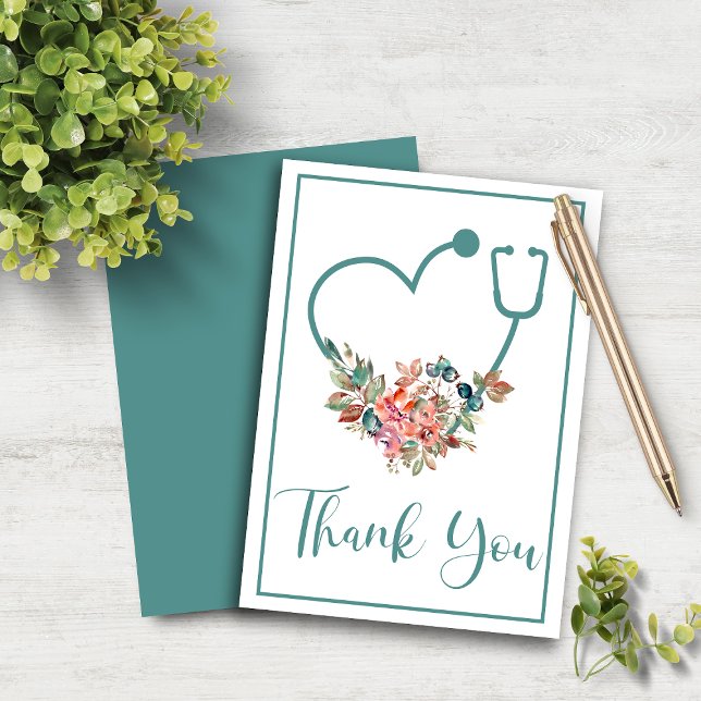Cartão De Agradecimento Teal Floral Estetoscópio Coração (Teal Floral Stethoscope Heart Thank You Card)