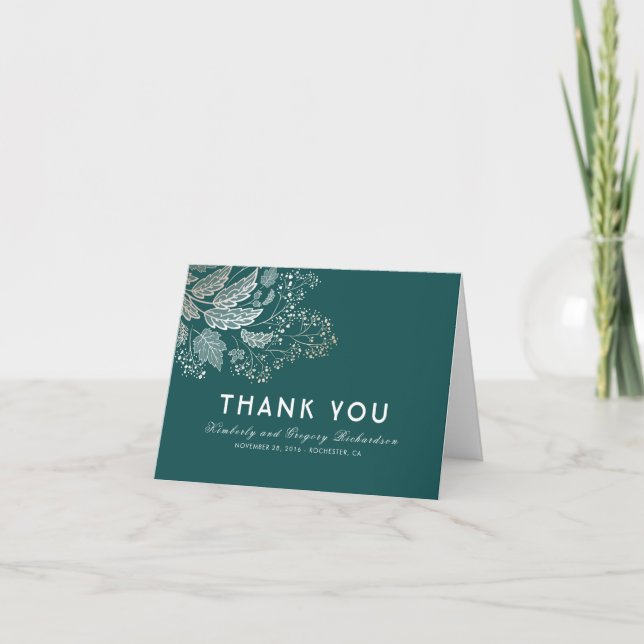Cartão De Agradecimento Teal Foliage Elegant Weding Obrigado (Frente)