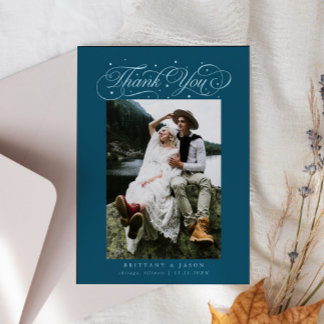 Cartão De Agradecimento Teal Fotográfico de Casamento de Pontos de Tipogra