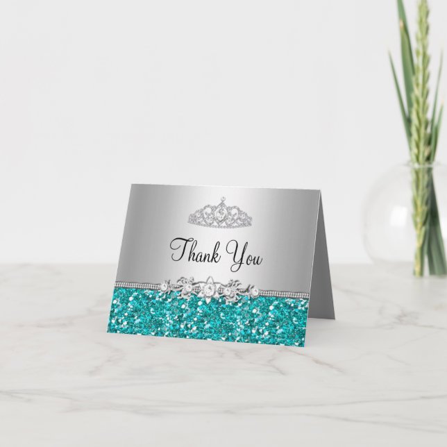 Cartão De Agradecimento Teal Glitter & Diamond Tiara Thank You Card (Frente)