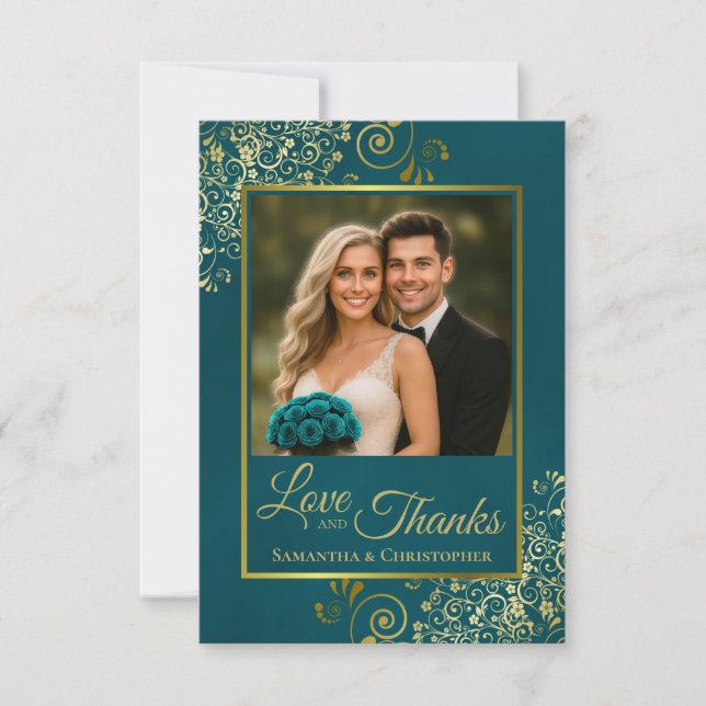 Cartão De Agradecimento Teal & Gold Love & Thanks Photo & Note Wedding (Frente)