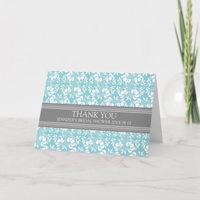 Cartão De Agradecimento Teal Gray Damask Bridal Shower Thank You Card (Frente)