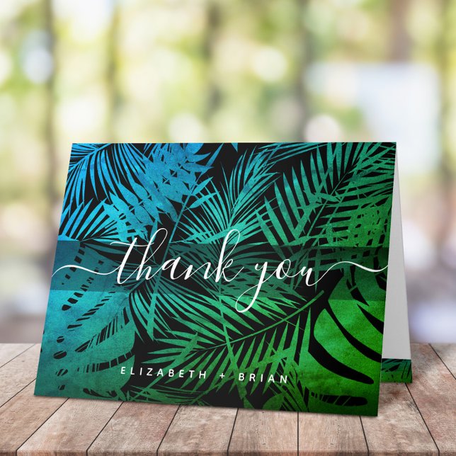 Cartão De Agradecimento Teal green tropical palm leaf calligraphy script (Criador carregado)