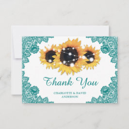 Cartão De Agradecimento Teal Rustic Chic Lace Sunflower Wedding