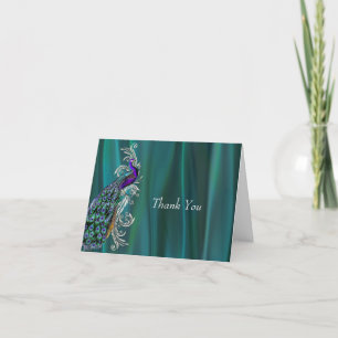 Cartão De Agradecimento Teal Satin Olhe com o Casamento Peacock Obrigado