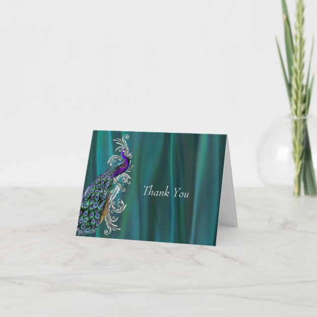 Cartão De Agradecimento Teal Satin Olhe com o Casamento Peacock Obrigado (Frente)