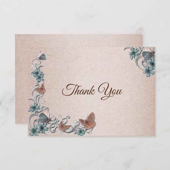 Cartão De Agradecimento Teal Silver Floral Copper Butterfly Tan Wedding (Frente/Verso)