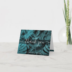 Cartão De Agradecimento Teal tropical palm leaf pattern calligraphy script