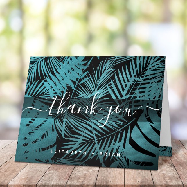 Cartão De Agradecimento Teal tropical palm leaf pattern calligraphy script (Criador carregado)