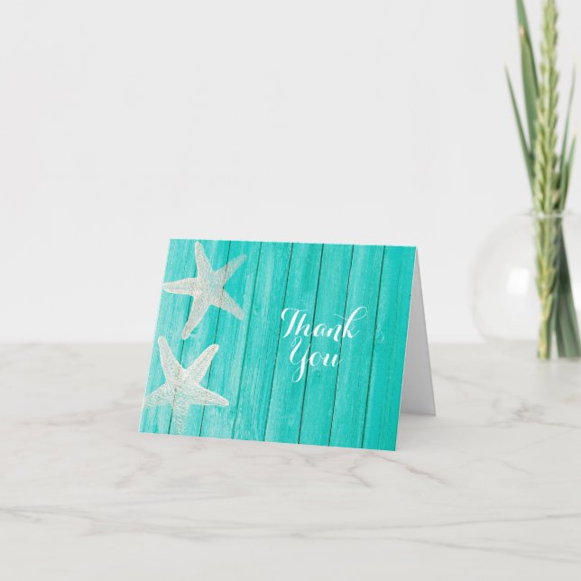 Cartão De Agradecimento Teal Wood & Starfish Beach Elegant Thank You Card (Frente)