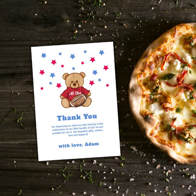 Cartão De Agradecimento Teddy Bear All Star Football Sport Baby Shower  (Teddy Bear All Star Football Sport Baby Shower Thank You Card)