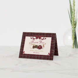 Cartão De Agradecimento Teddy Bear Baby Shower Girl Plaid Burgundy Bow