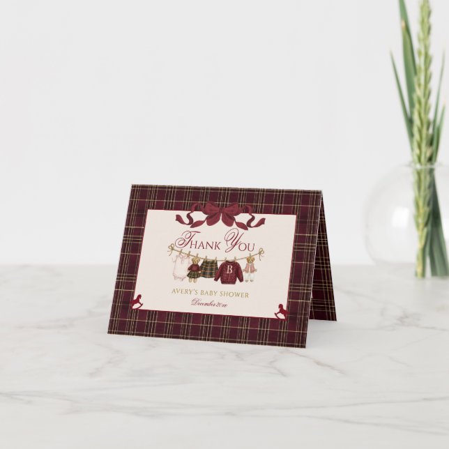 Cartão De Agradecimento Teddy Bear Baby Shower Girl Plaid Burgundy Bow  (Frente)