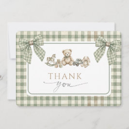 Cartão De Agradecimento Teddy Bear Baby Shower Sage Green Gingham Bow 