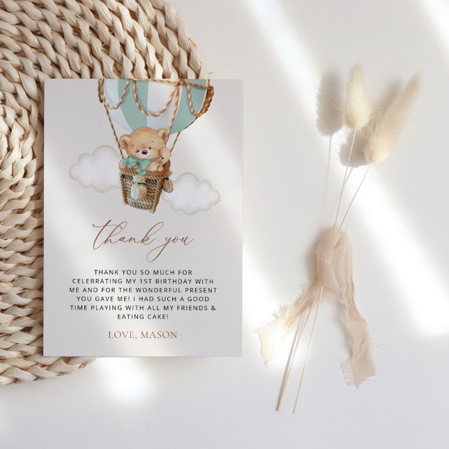 Cartão De Agradecimento Teddy Bear, Balão de Ar Quente Verde, Primeiro Ani (Criador carregado)