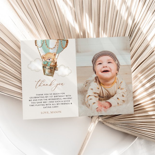 Cartão De Agradecimento Teddy Bear, Balão de Ar Quente Verde, Primeiro Ani (Criador carregado)