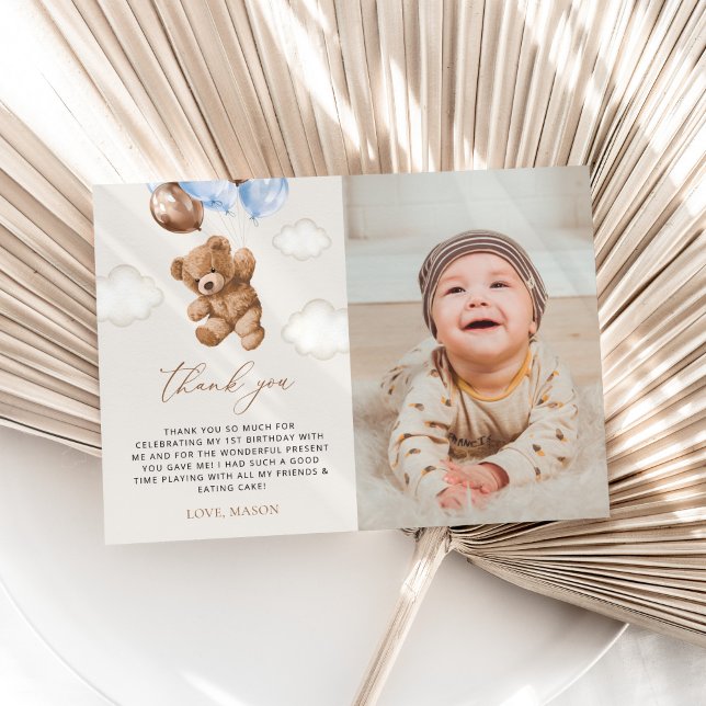 Cartão De Agradecimento Teddy Bear, Balões Azuis, Primeiro Aniversário (Criador carregado)