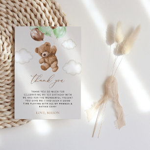 Cartão De Agradecimento Teddy Bear, Balões Verdes, Primeiro Aniversário