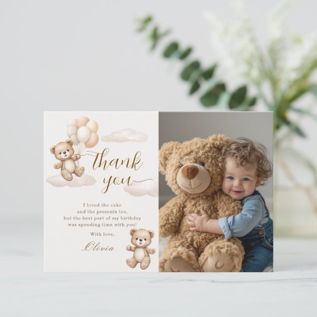 Cartão De Agradecimento Teddy Bear Birthday Photo (Em pé/Frente)
