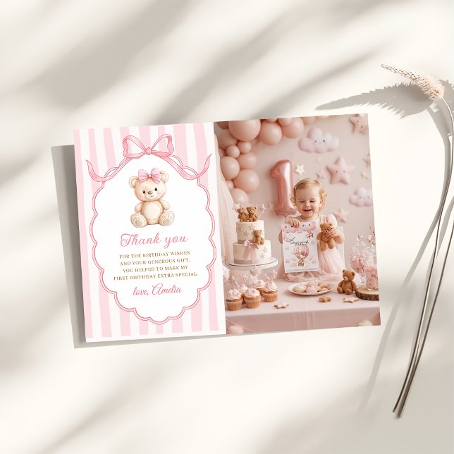 Cartão De Agradecimento Teddy Bear Girls Pink Bow Stripes 1st Birthday (Criador carregado)