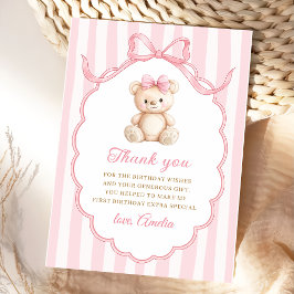 Cartão De Agradecimento Teddy Bear Girls Pink Bow Stripes 1st Birthday