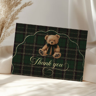 Cartão De Agradecimento Teddy Bear Green Tartan Baby Shower