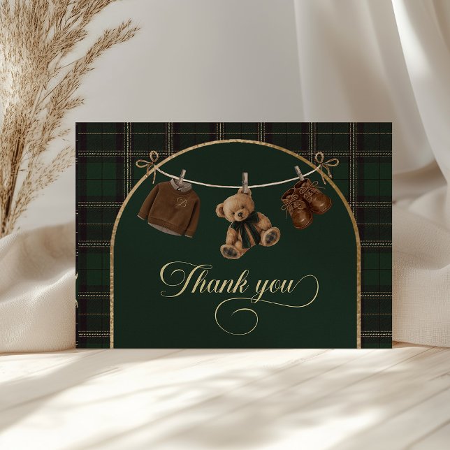 Cartão De Agradecimento Teddy Bear Green Tartan Baby Shower  (teddy bear baby shower, green tartan baby shower, baby shower thank you card, baby shower printable,)