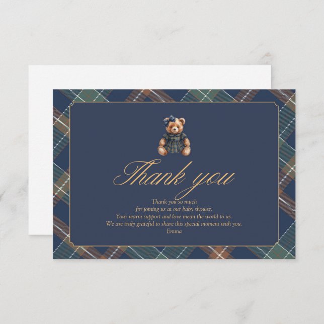 Cartão De Agradecimento Teddy Bear Plaid Girl Baby Shower Thank You Card (Frente/Verso)