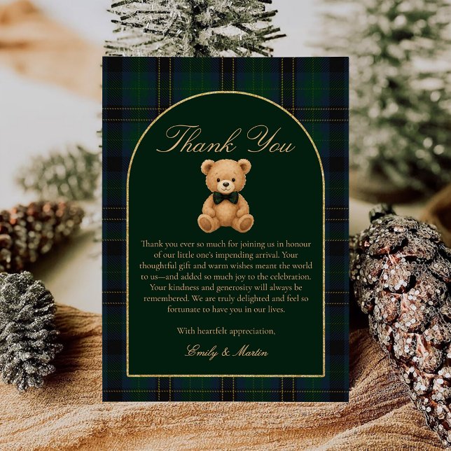 Cartão De Agradecimento Teddy Bear Tartan Plaid Baby Shower Thank You Card (Criador carregado)