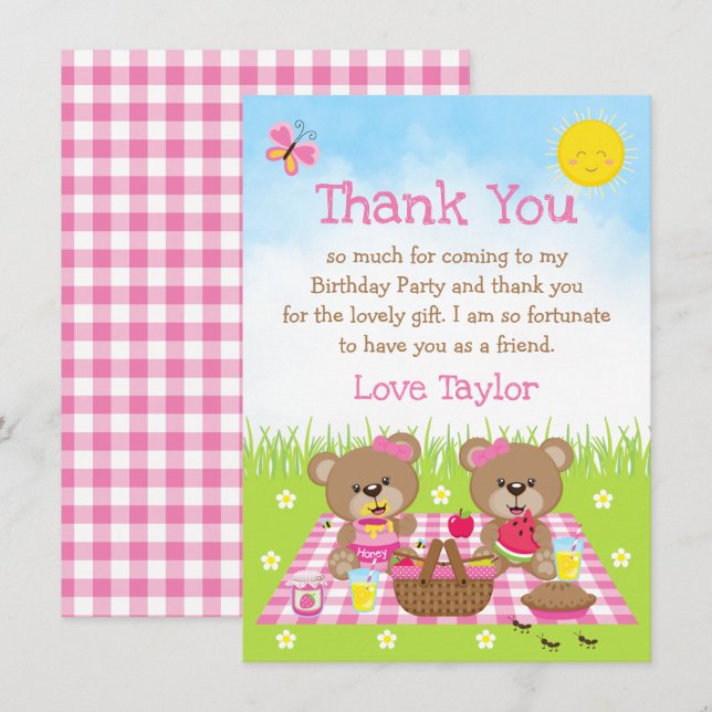 Cartão De Agradecimento Teddy Bears Picnic Birthday Pink Gingham (Frente/Verso)