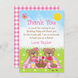 Cartão De Agradecimento Teddy Bears Picnic Birthday Pink Gingham