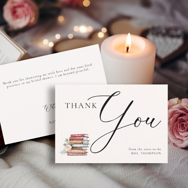Cartão De Agradecimento Tema Amante de Livros Chuveiro de Noiva Literário  (bridal shower thank you card new chapter theme book lover bookish literary bookworm floral roses)