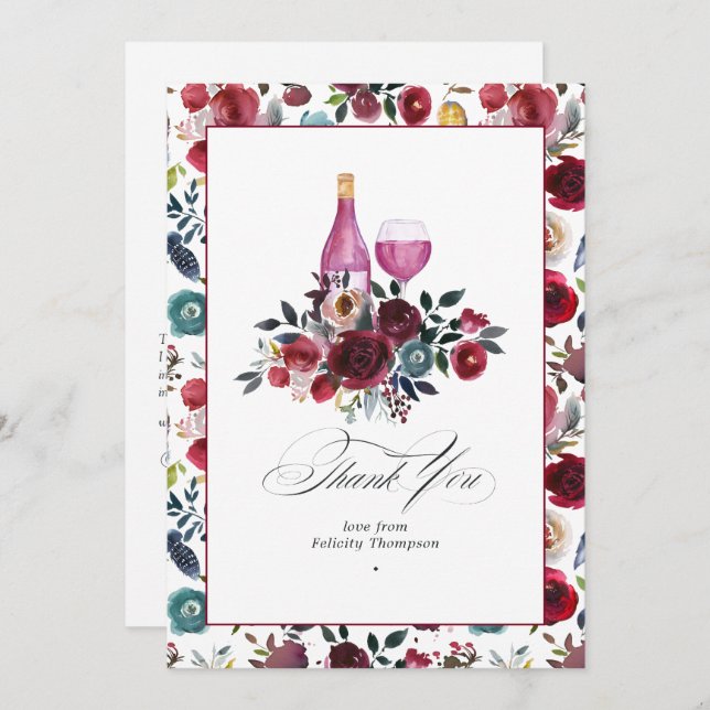 Cartão De Agradecimento Tema Boho Burgundy & Dusty Blue Wine Bachelorette (Frente/Verso)