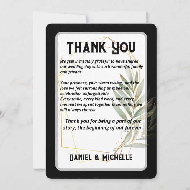 Cartão De Agradecimento Tema Botânico do Casamento Dourado Preto Arrancado (Frente)