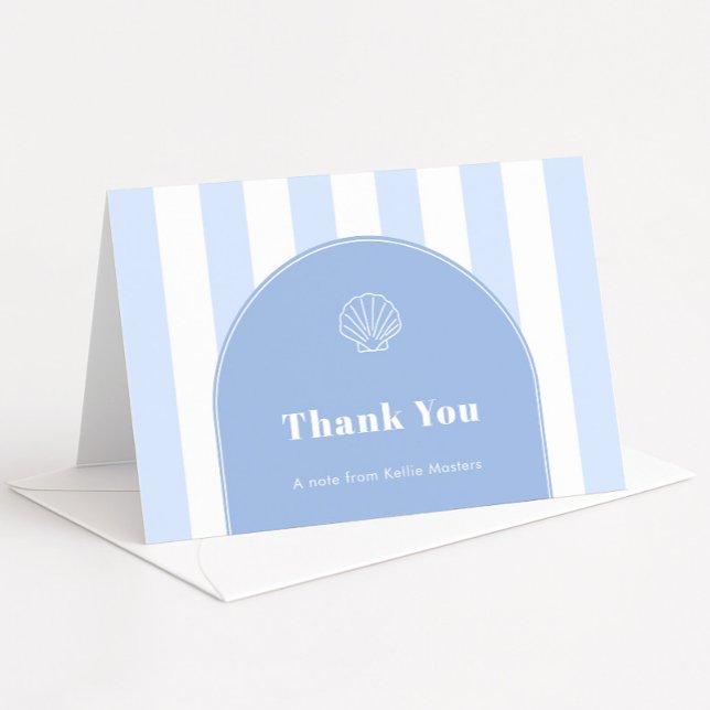 Cartão De Agradecimento Tema Costeiro de Listras Azuis de Arch Minimalista (Simple coastal wedding shower thank you cards with sleek blue and white stripes, arch and seashell)