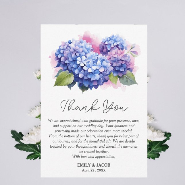 Cartão De Agradecimento Tema de Casamento Floral de Hydrangea Azul (Criador carregado)