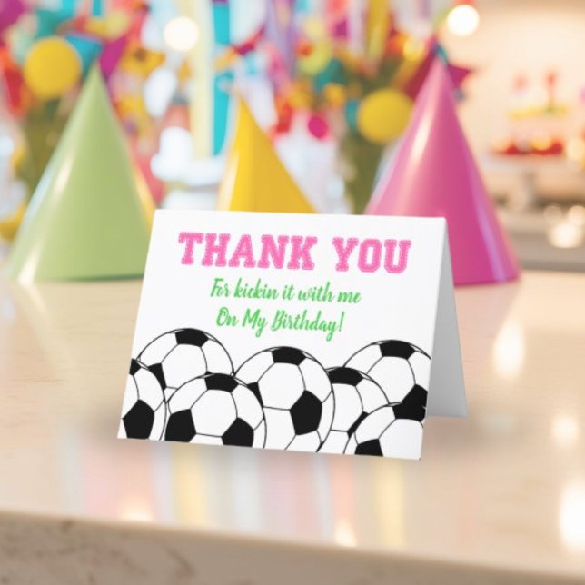 Cartão De Agradecimento Tema De Futebol De Aniversário Rosa Para Garota (Pink Soccer Birthday Thank You Card)