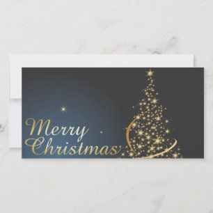 Cartão De Agradecimento Tema de Natal Azul com Árvore de Natal ouro