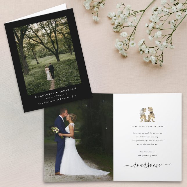 Cartão De Agradecimento Tema Dinossauro Casamento 2 Foto Obrigado (Dinosaur theme elegant black and white wedding 2 photo thank you card fun T-Rex dino bride and groom)