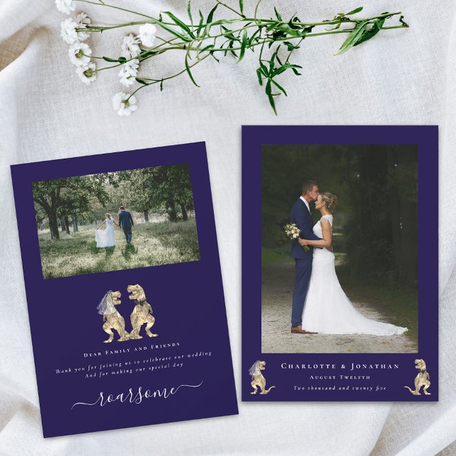 Cartão De Agradecimento Tema Dinossauro Foto Marinho Azul Branco (Dinosaur theme wedding photo thank you navy blue and elegant white script flat card T-Rex dino)